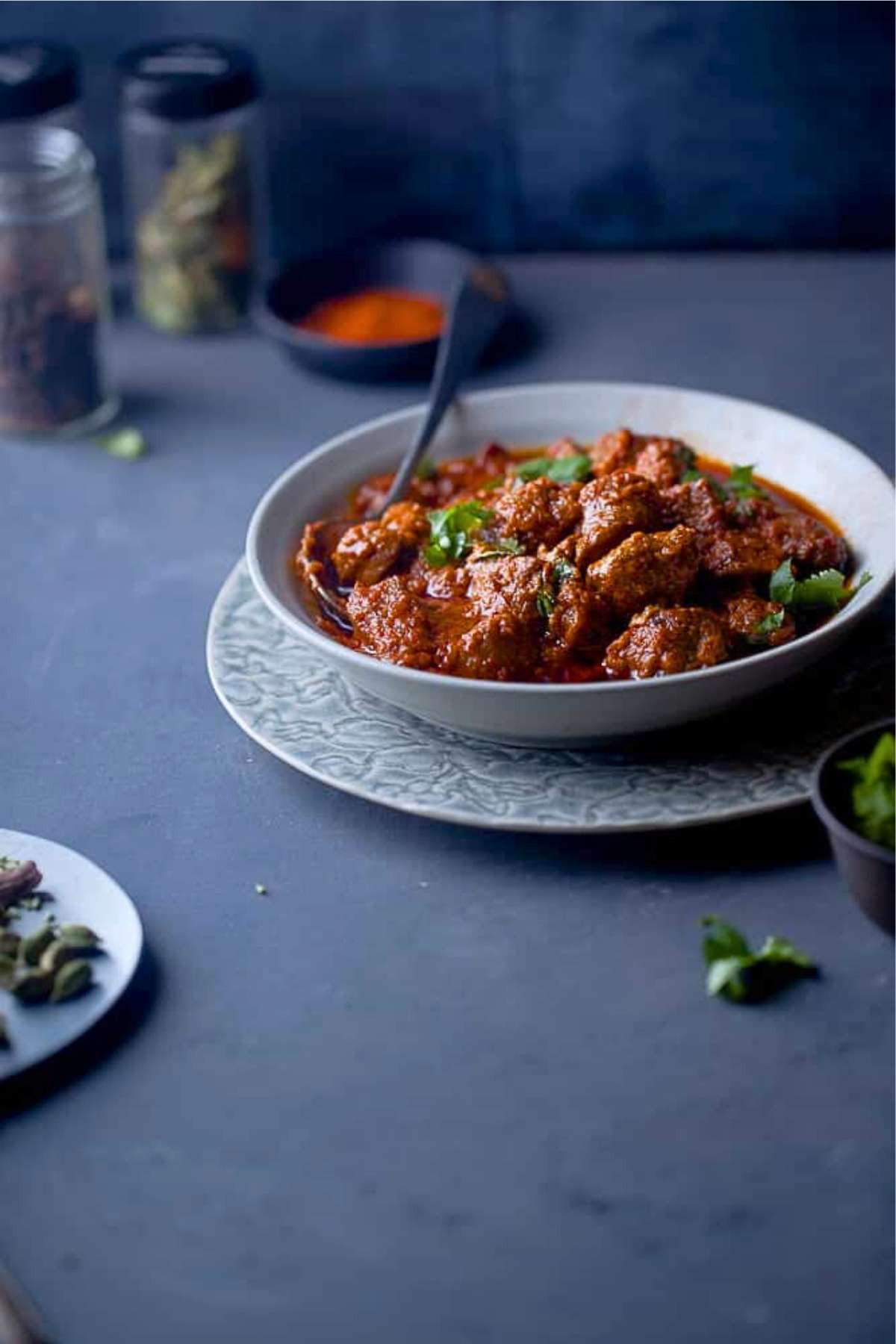 side view of lamb rogan josh with spices in background.