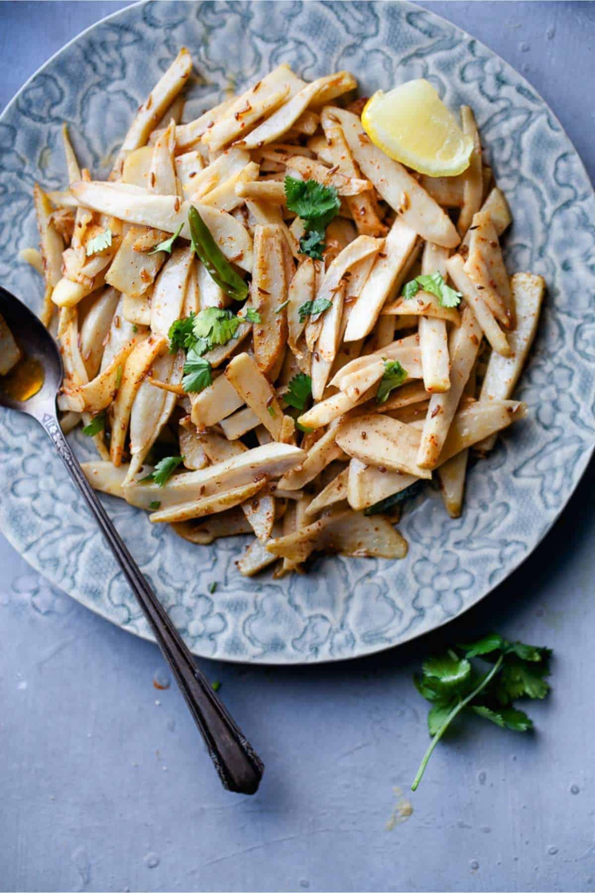 Arbi Ki Bhujia on a grey plate.