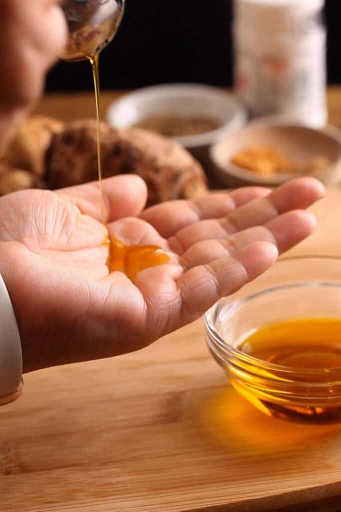 Rub Oil On Hands before chopping arbi.