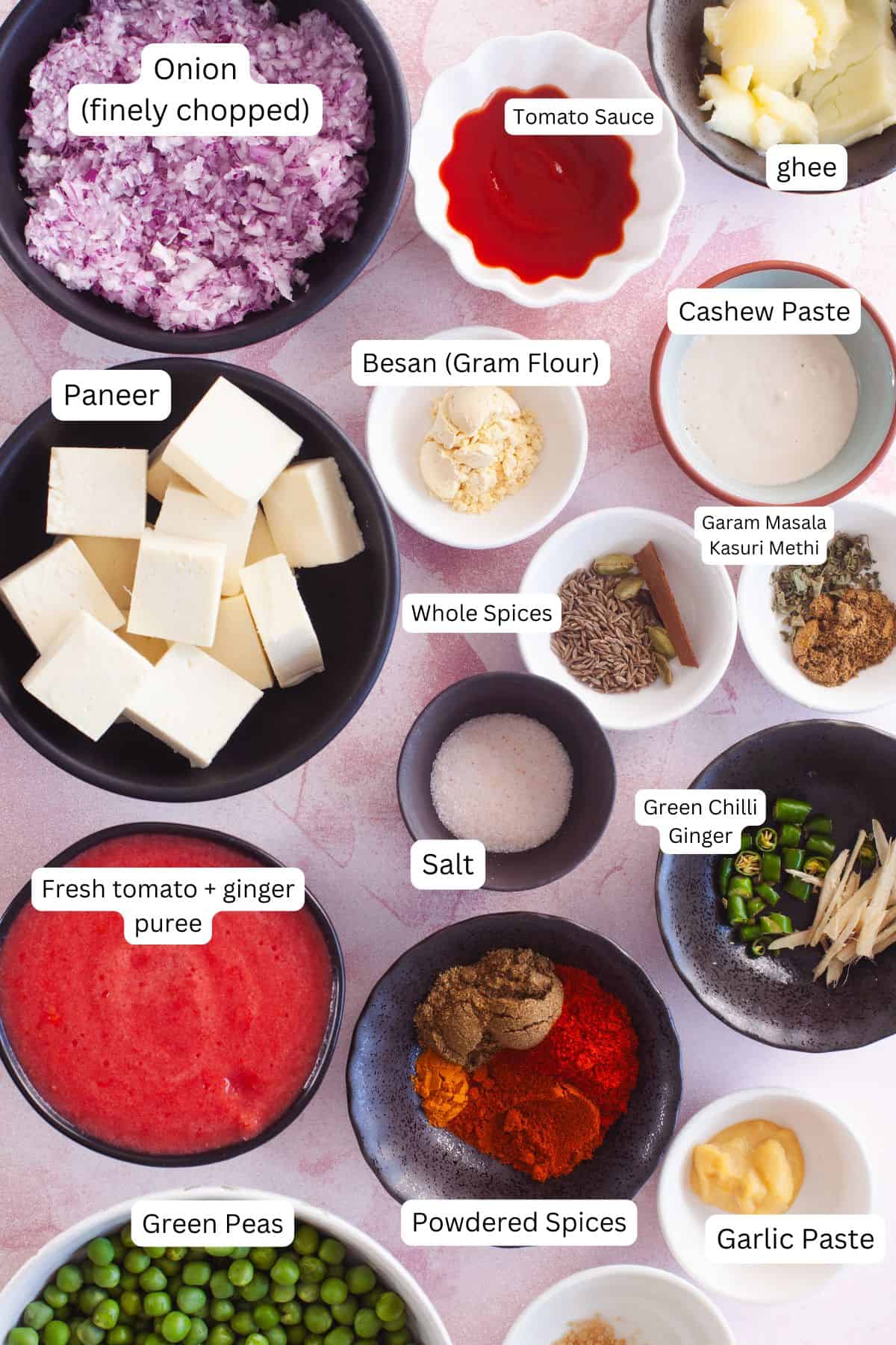 Ingredients Needed to make matar paneer curry.