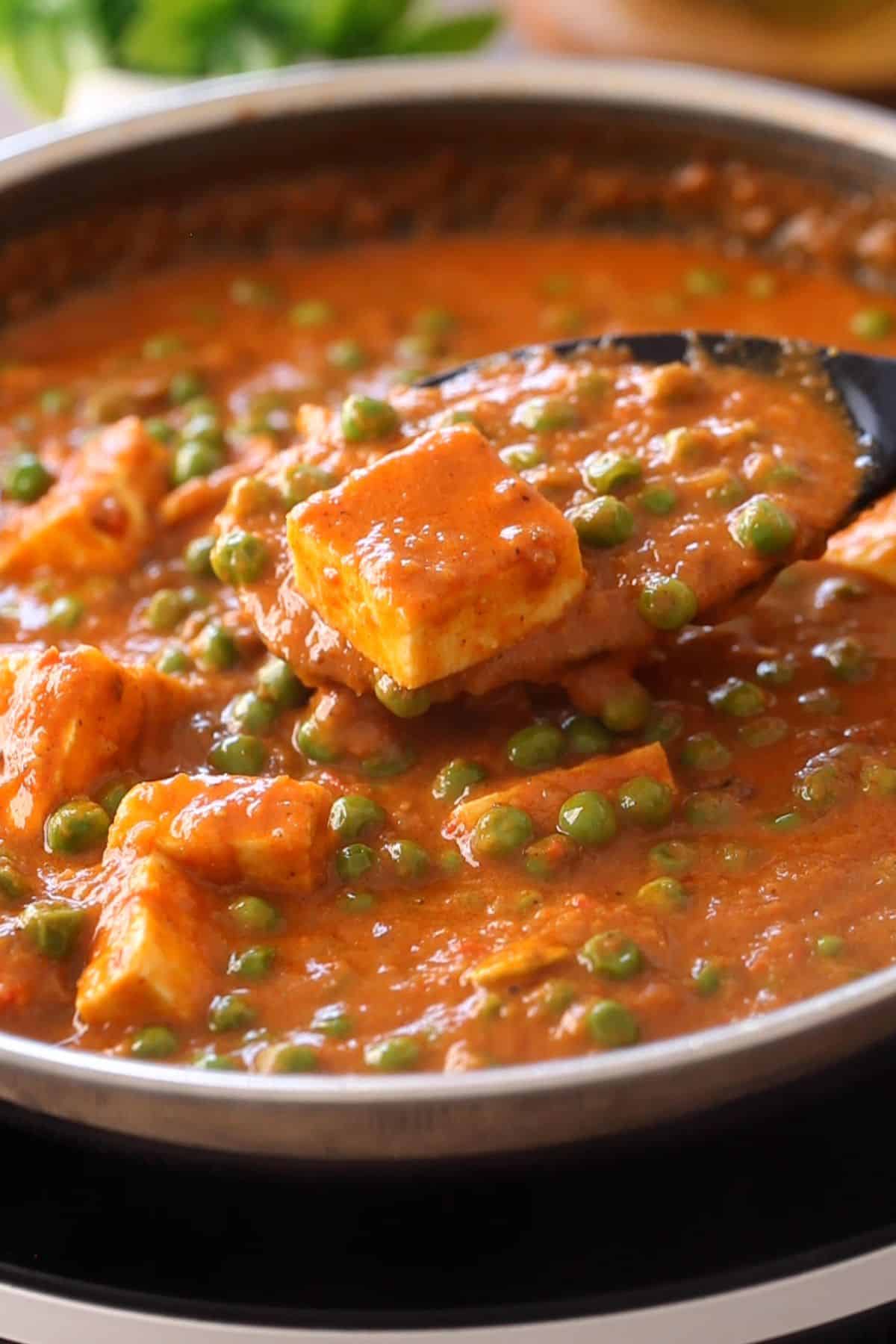 Matar paneer is ready to serve.