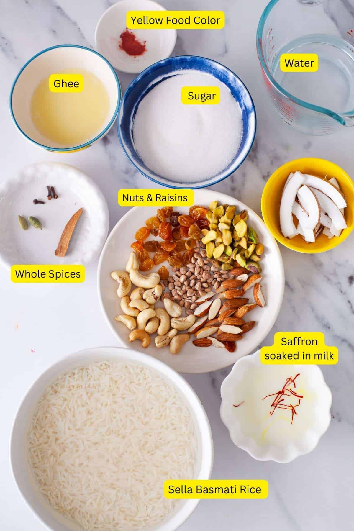 Ingredients needed for zarda recipe. 