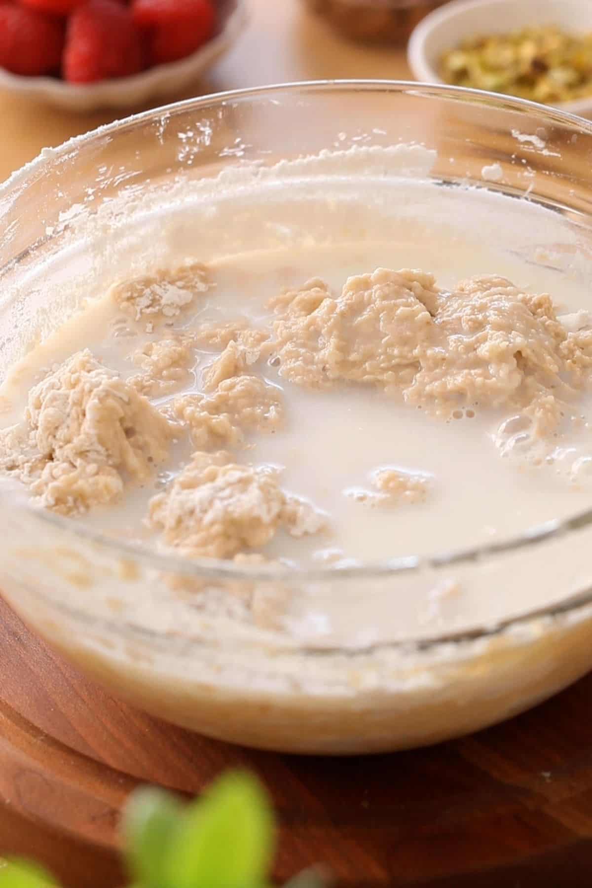 Milk is added to the cake batter.