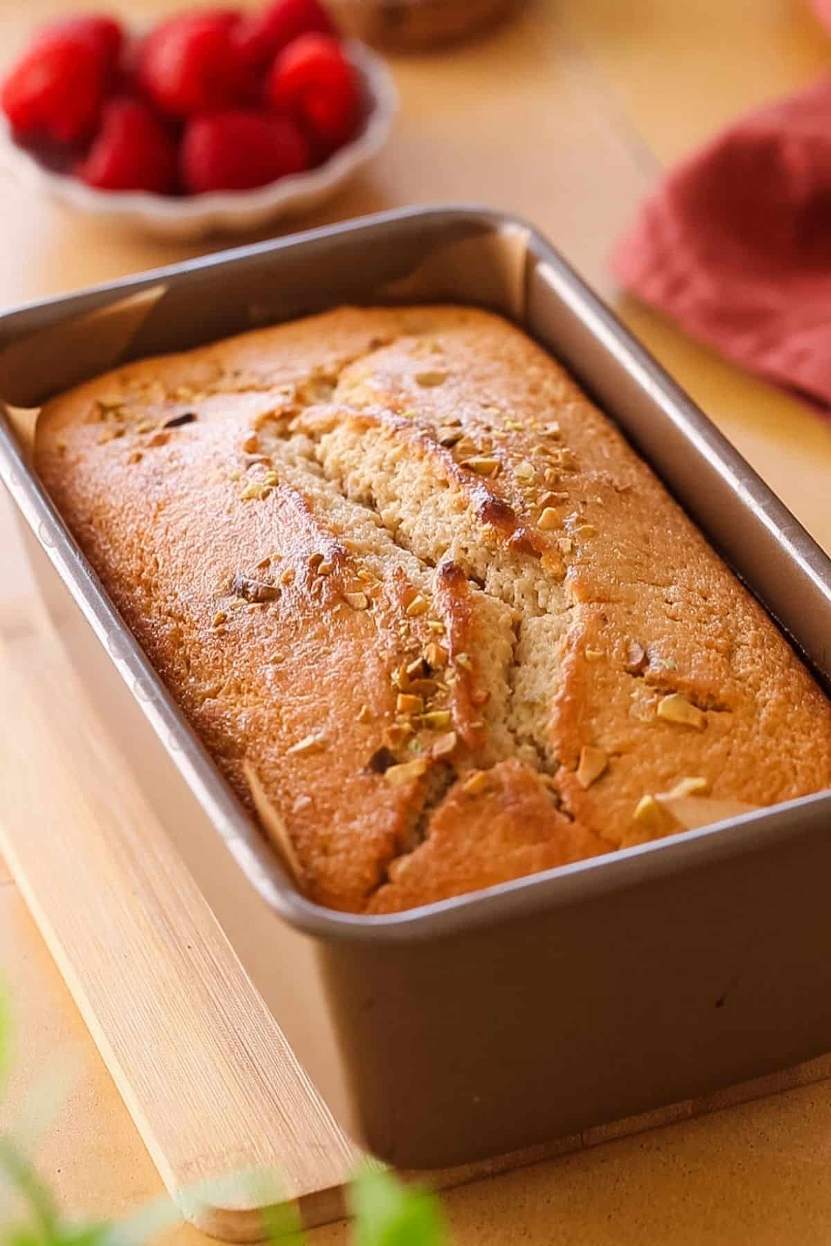 Rose cake in a loaf pan.
