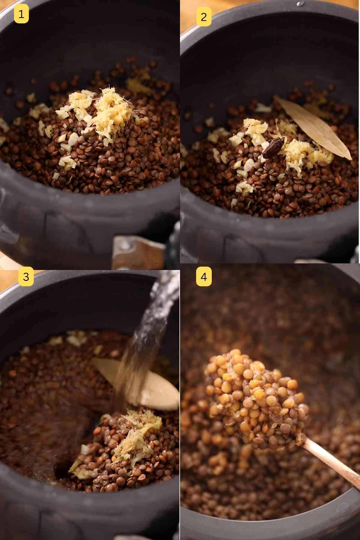 Photos showing how to pressure cook the whole masoor lentils. 