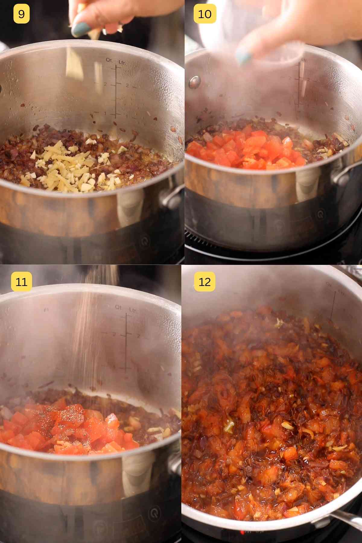 Step by Step photos of making the tempering for whole brown lentils curry.