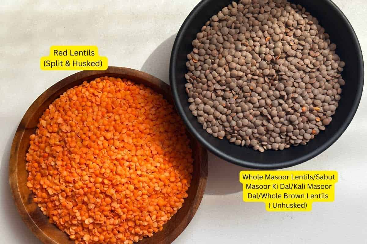Image showing the difference between red masoor dal and brown masoor dal.