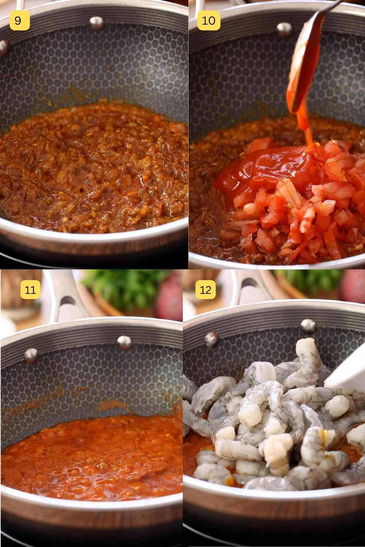 Adding tomato and shrimp to the masala.