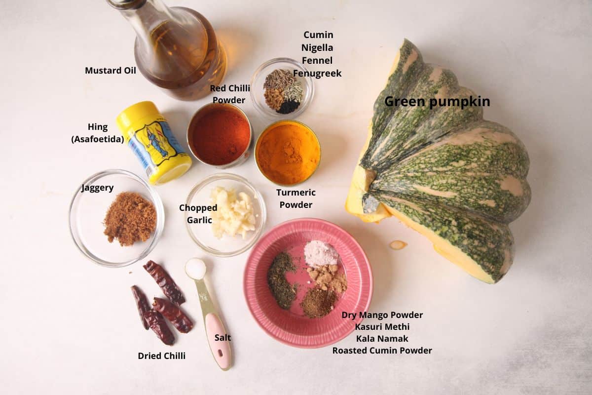 Ingredients for making indian pumpkin curry.