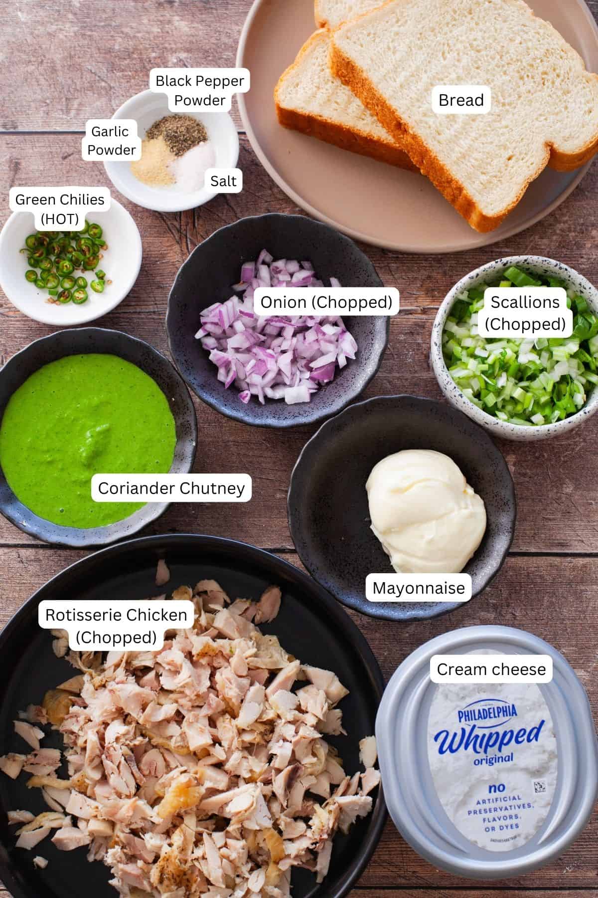 Ingredients for chutney sandwich with chicken.