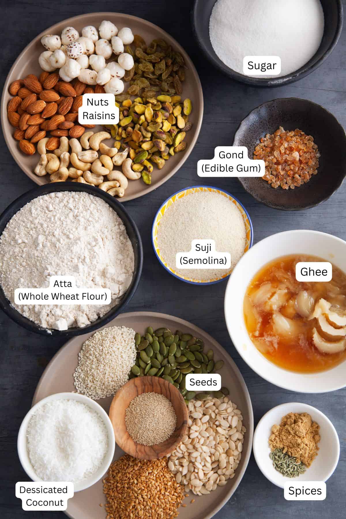 Ingredients needed to make panjiri.