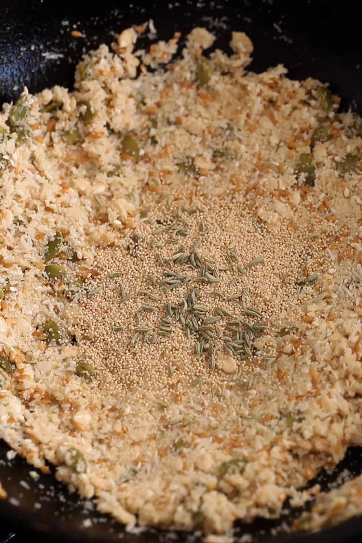 Poppy seeds and fennel seeds are added to semolina.