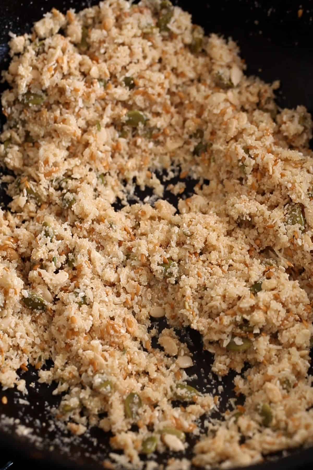 Semolina & seeds mixture is toasted.