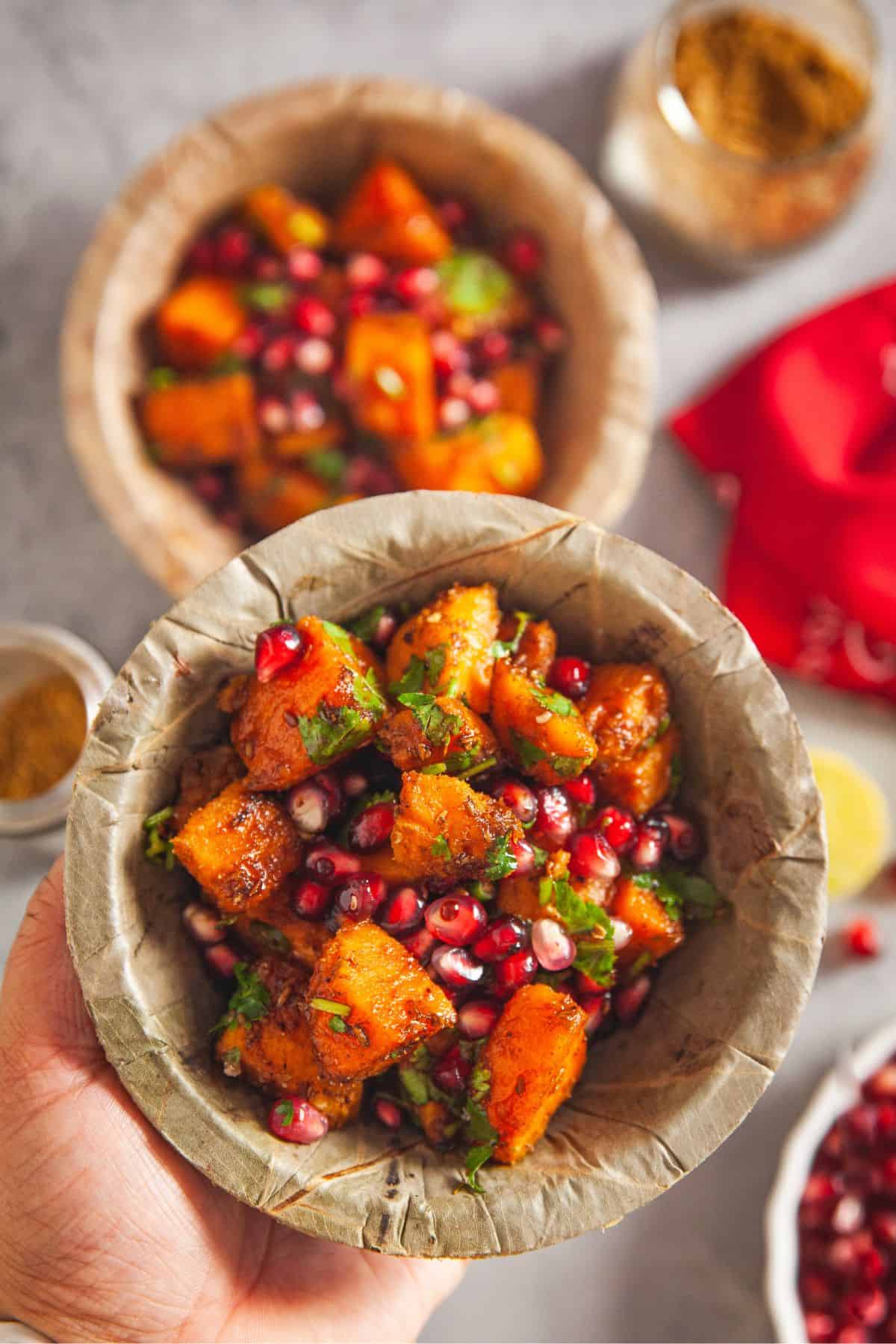 Sweet Potato Chaat served in leaf bowls. 