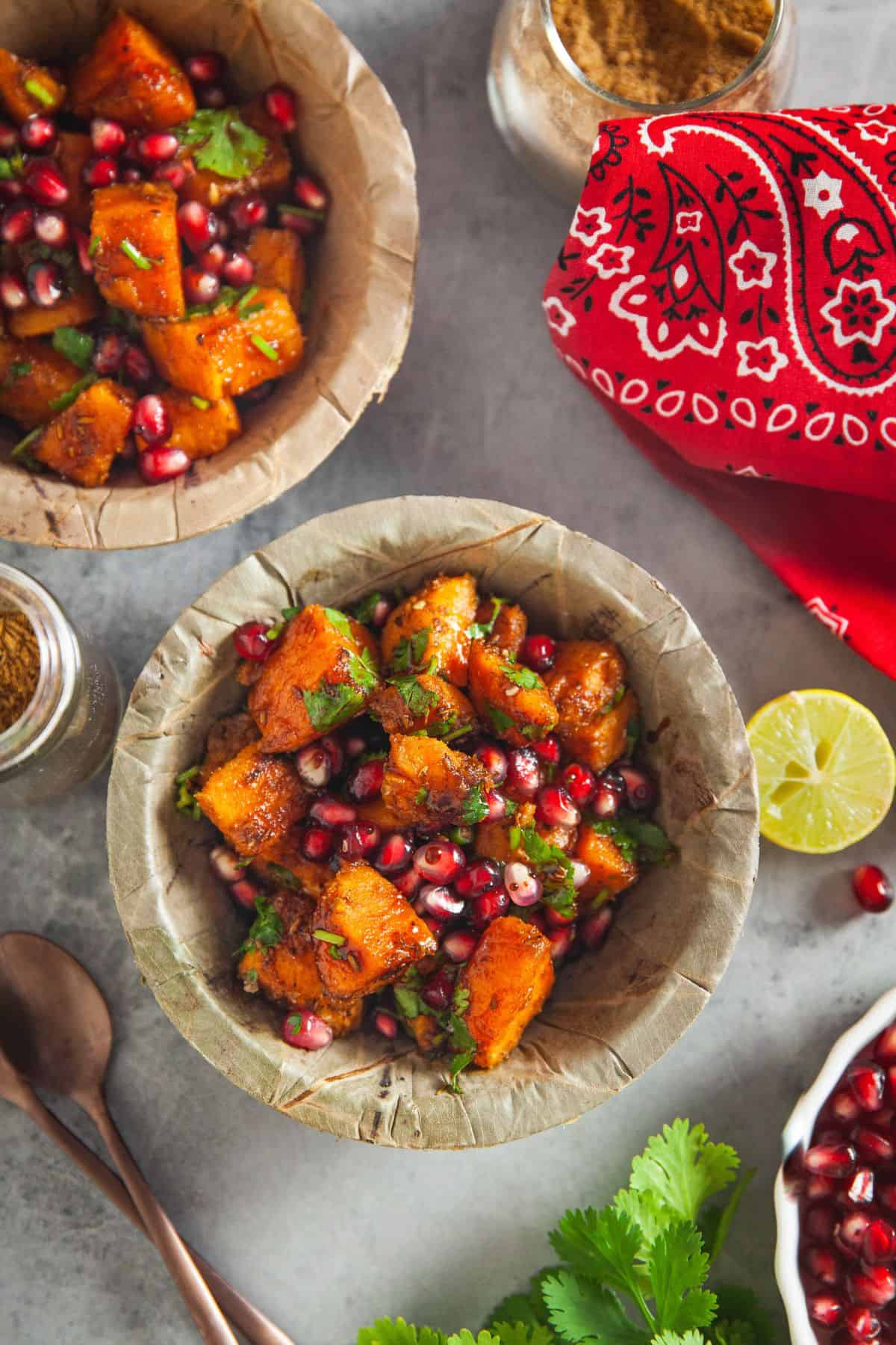 Shakarkandi chaat in palm leaf bowls. 