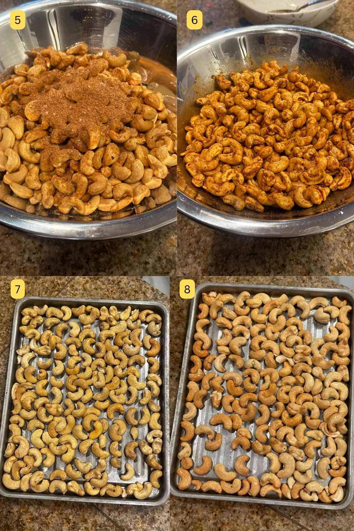 Mixing dry masala with deep fried cashew.