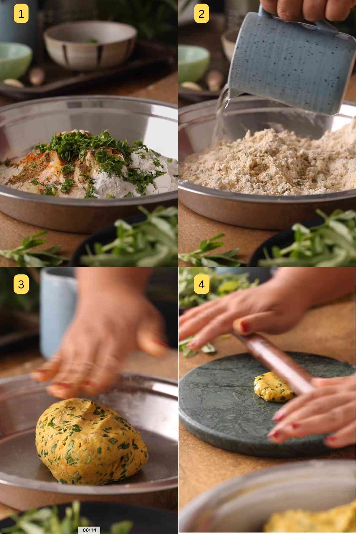 Making dough for methi puris in a stainless steel plate. 
