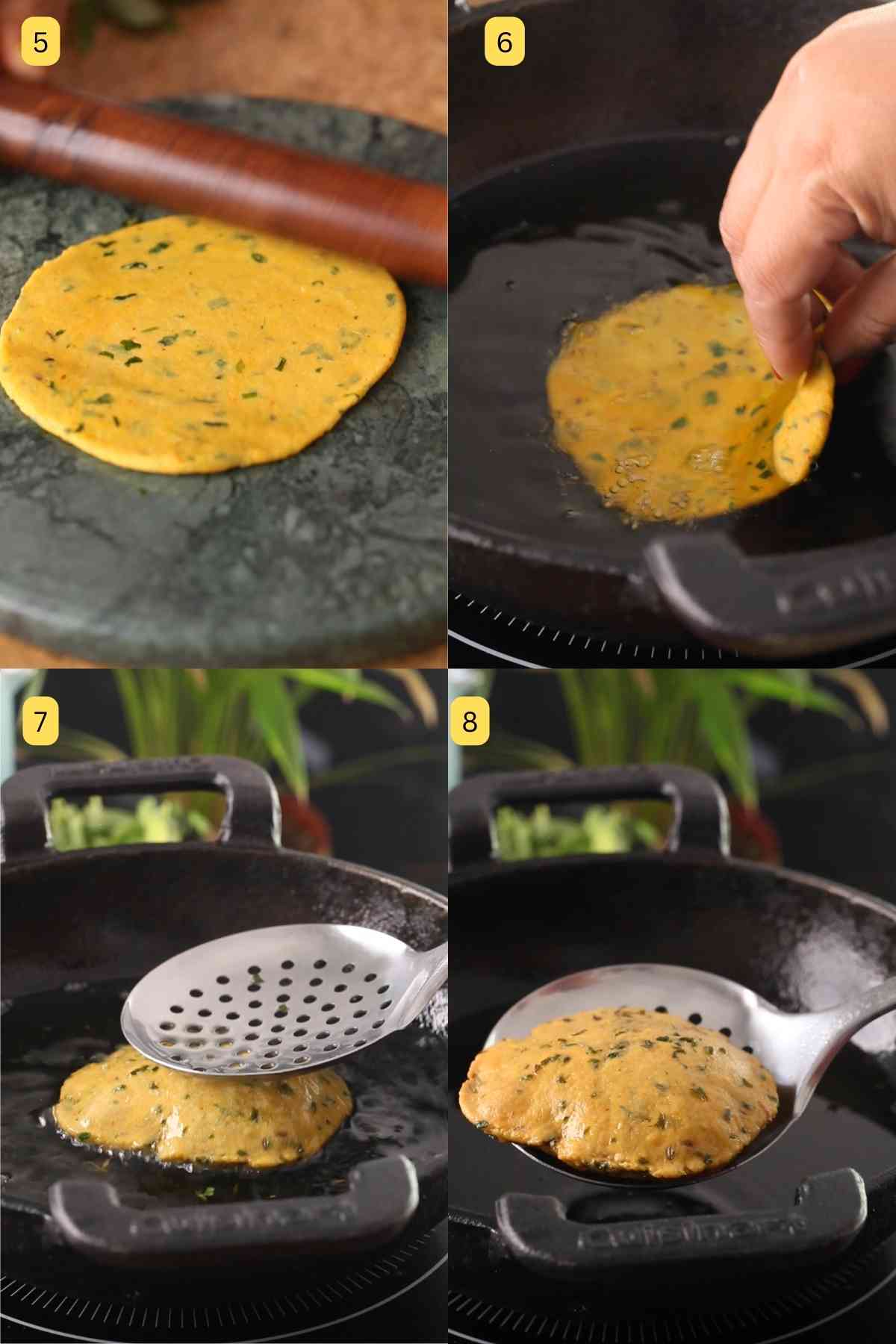 Methi Puri deep frying step pictures.