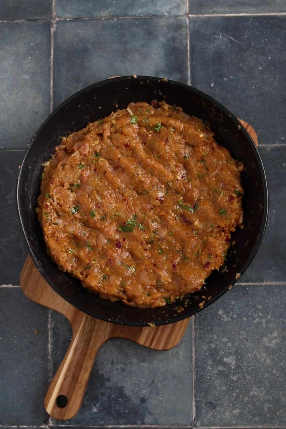 Seekh kebab mixture is mixed and ready to marinate.