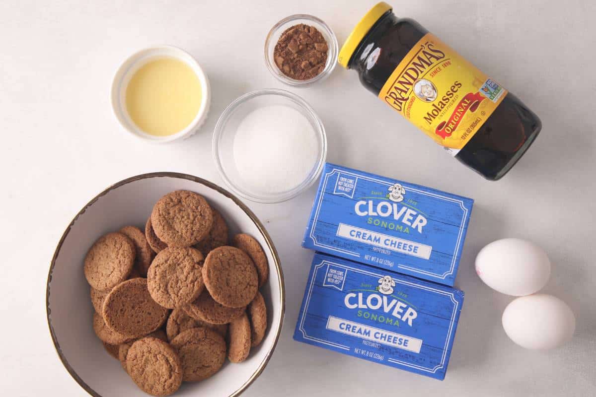 Ingredients needed for gingerbread mini cheesecakes. 