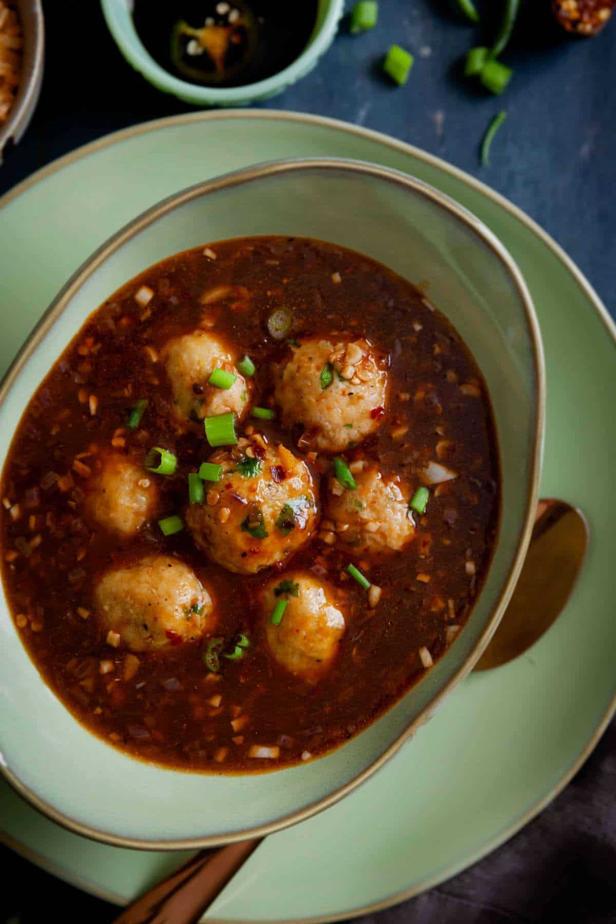 Close up of manchurian with ground chicken meatballs. 