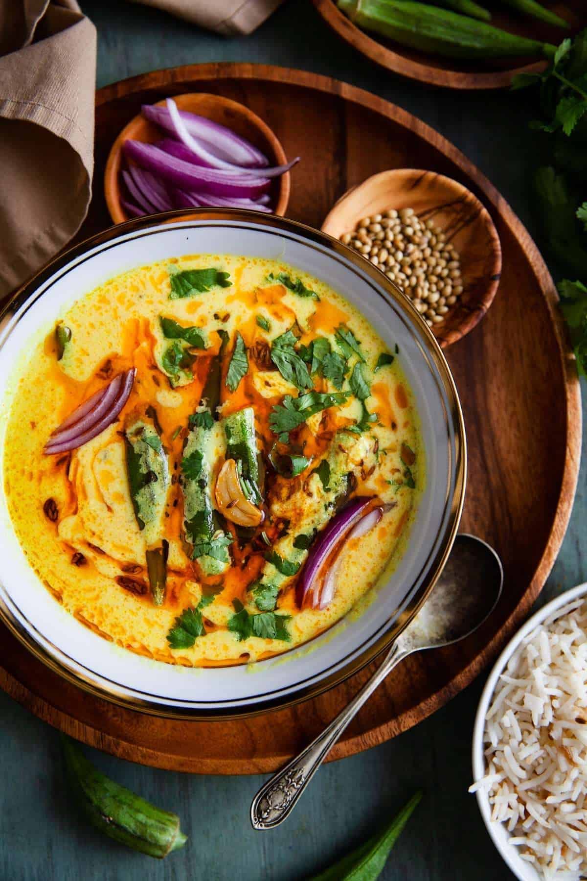 Punjabi Bhindi Kadhi With Garlic tadka