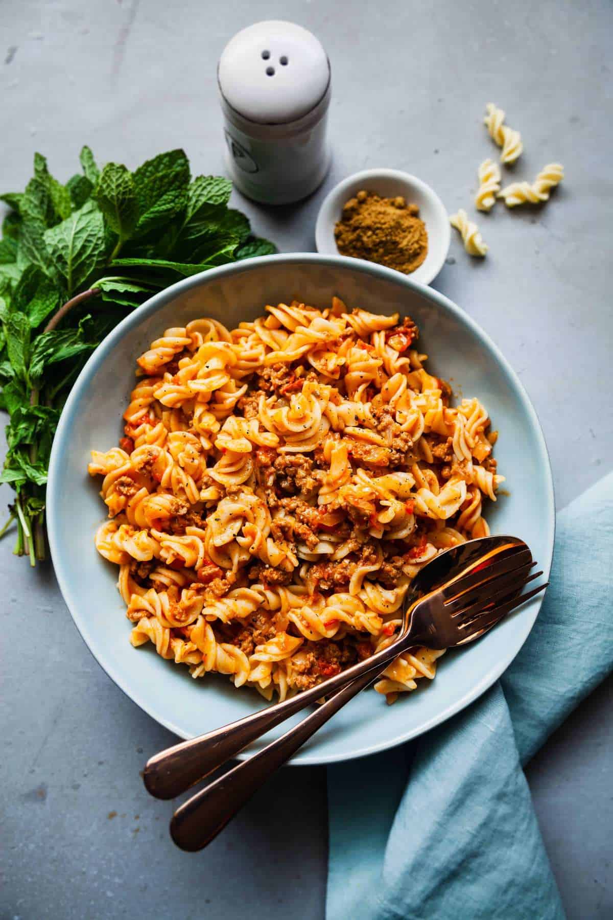 Blue Bowl plated with Keema pasta.