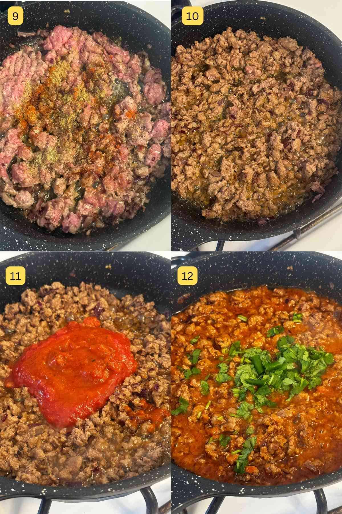 Adding spices and tomato sauce to keema.