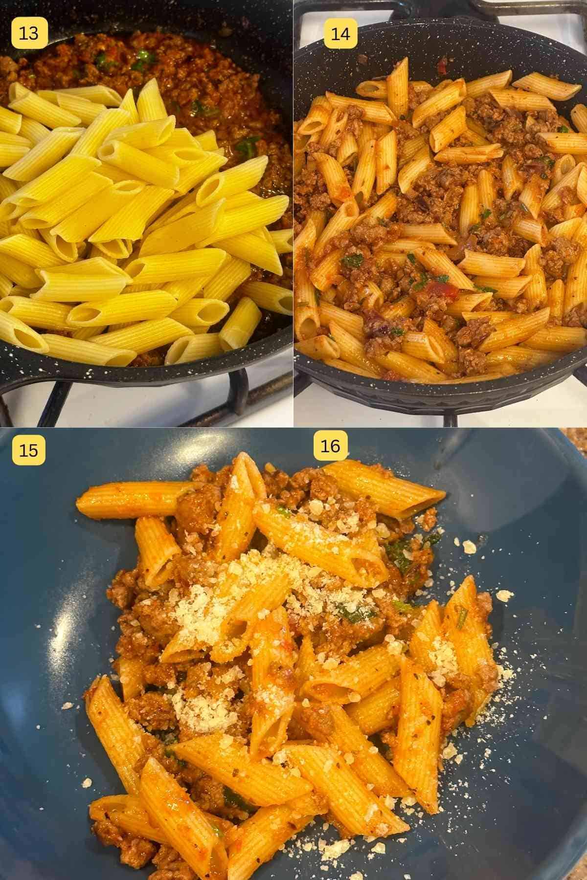 Mixing pasta with keema sauce.