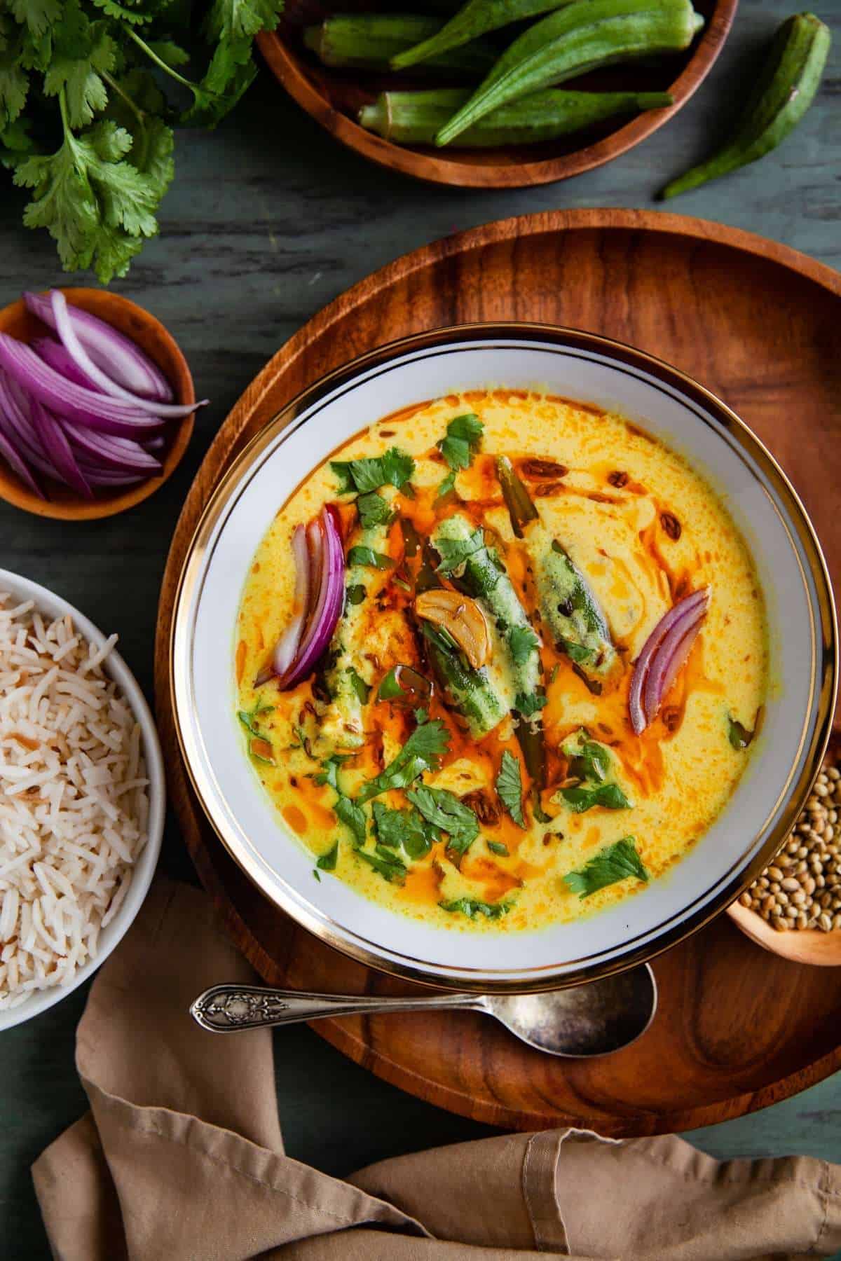 Punjabi Bhindi Kadhi With Garlic Tempering