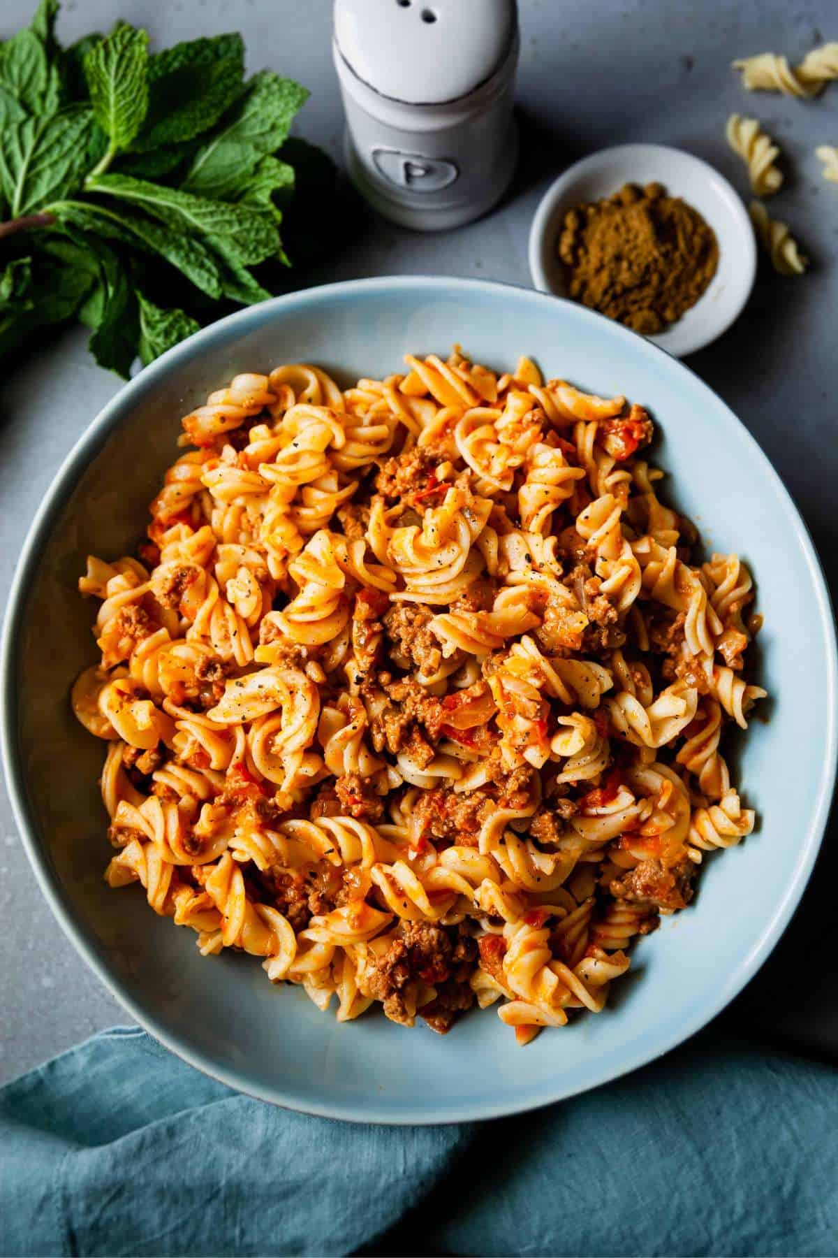 Close up of keema pasta in a bowl. 