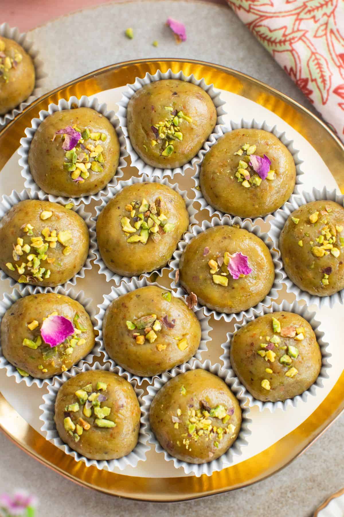 Closeup of pistachio ladoo. 