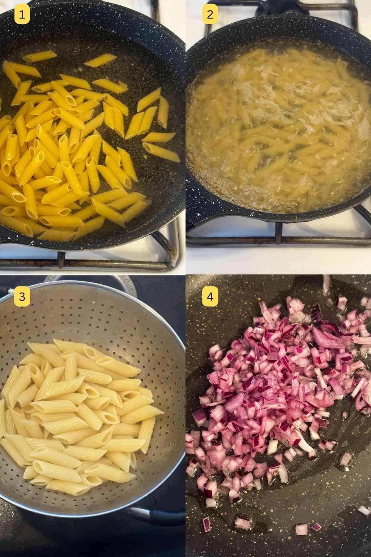 Boiling Pasta for making keema pasta.