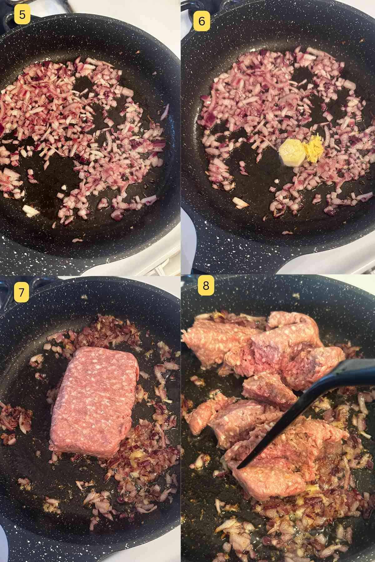 Browning onions and ground meat.