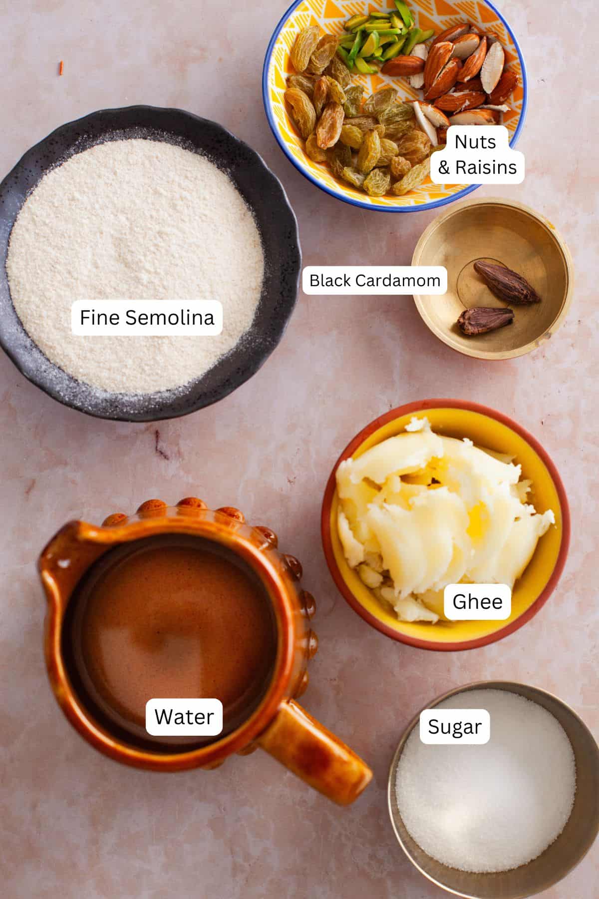 Ingredients needed to make sooji halwa. 