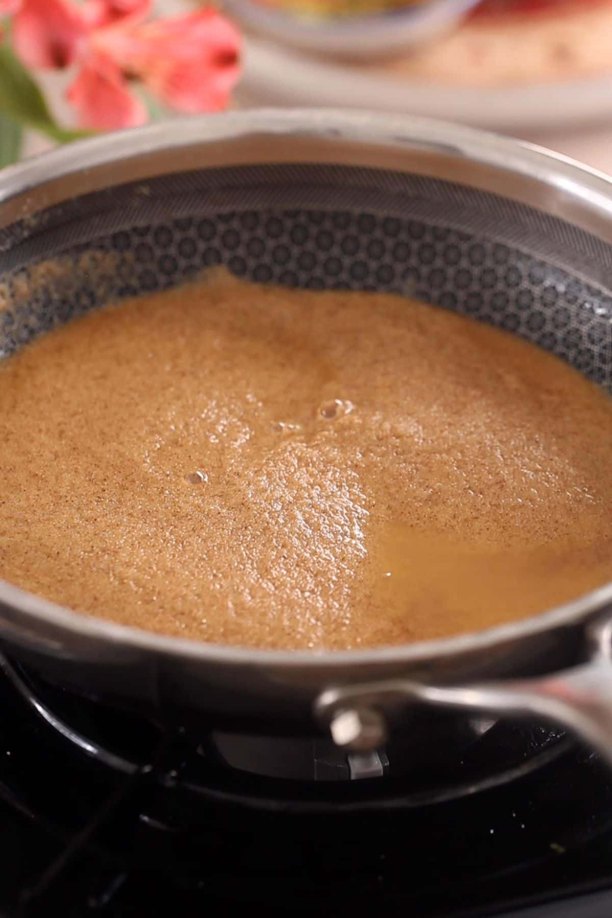 Golden brown roasted suji in ghee.