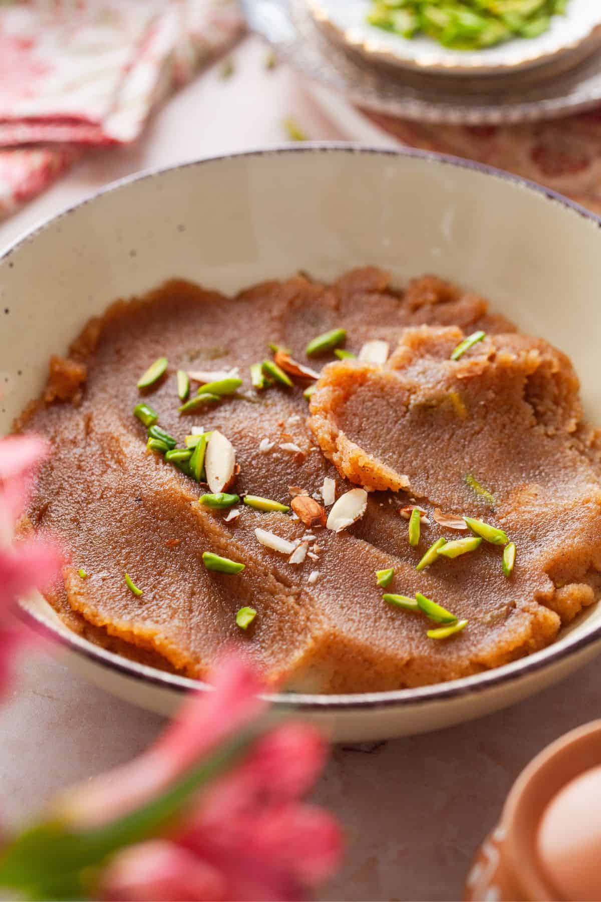 Suji Halwa in a white bowl.