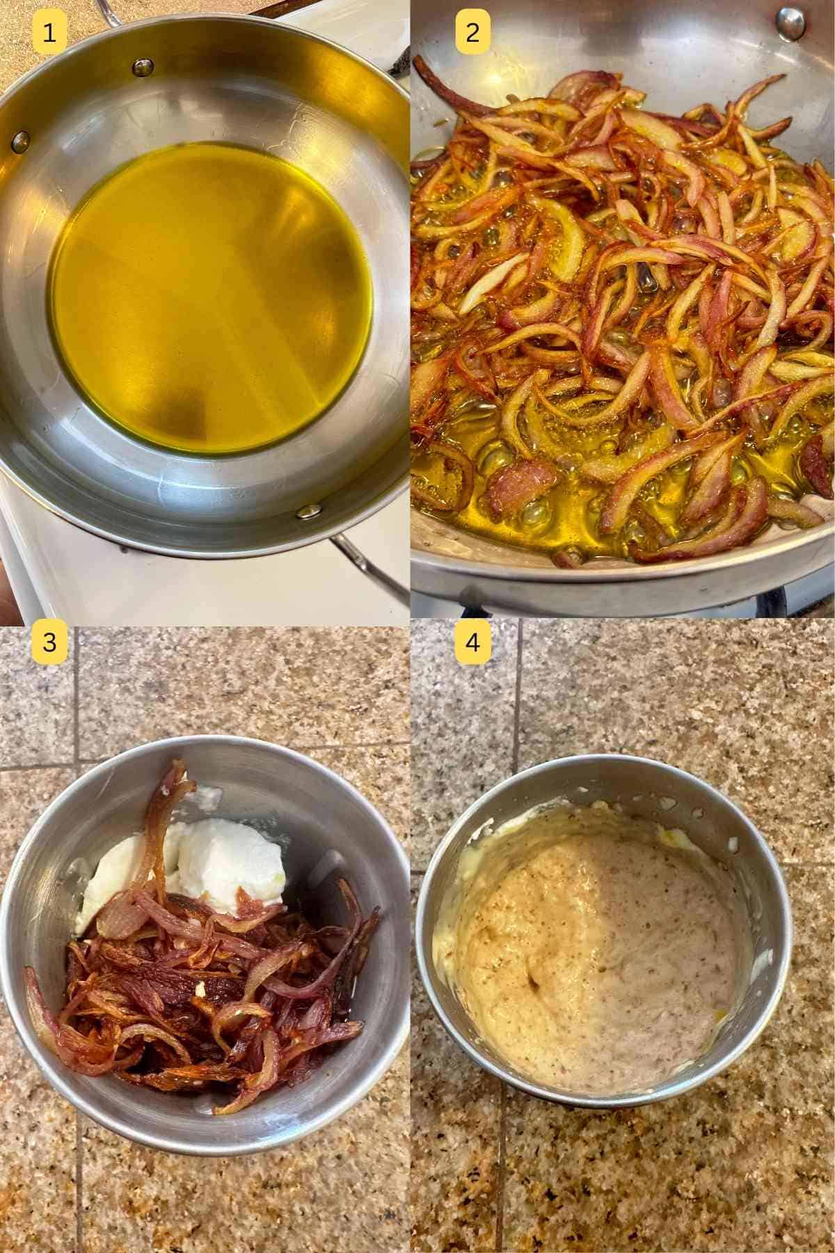 Step photos showing how to make browned onion and yogurt paste.
