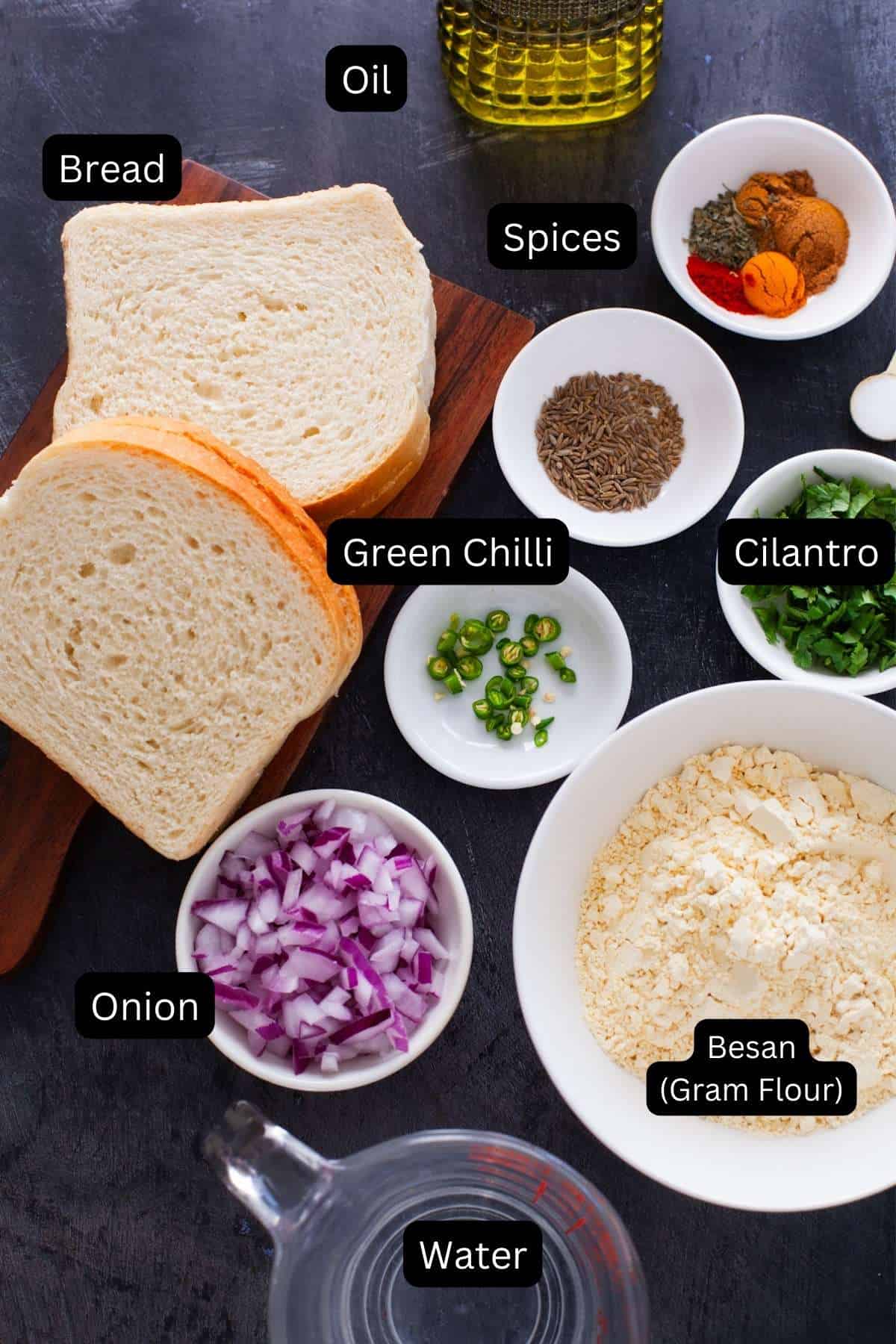 Ingredients for making besan toast.
