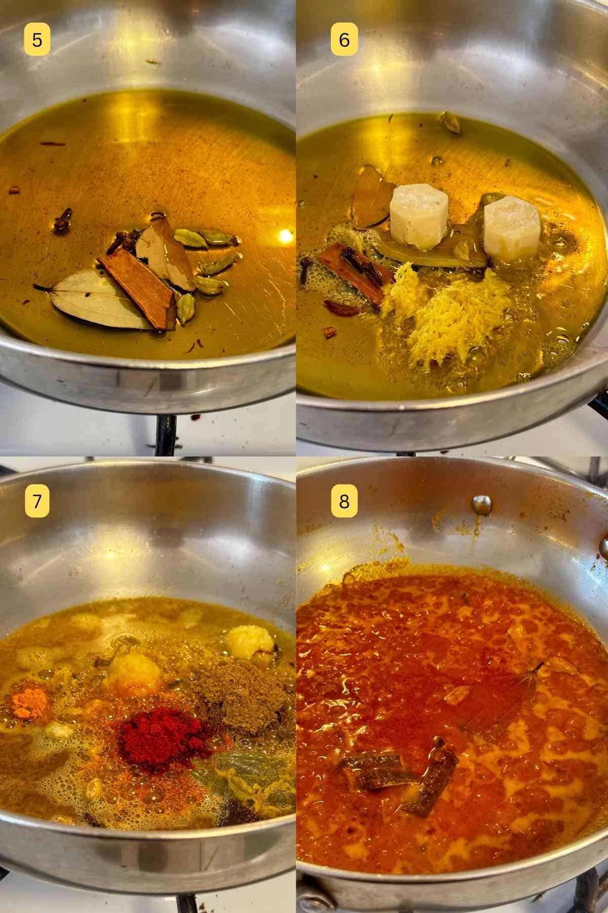 Tempering mustard oil with whole and powder spices.