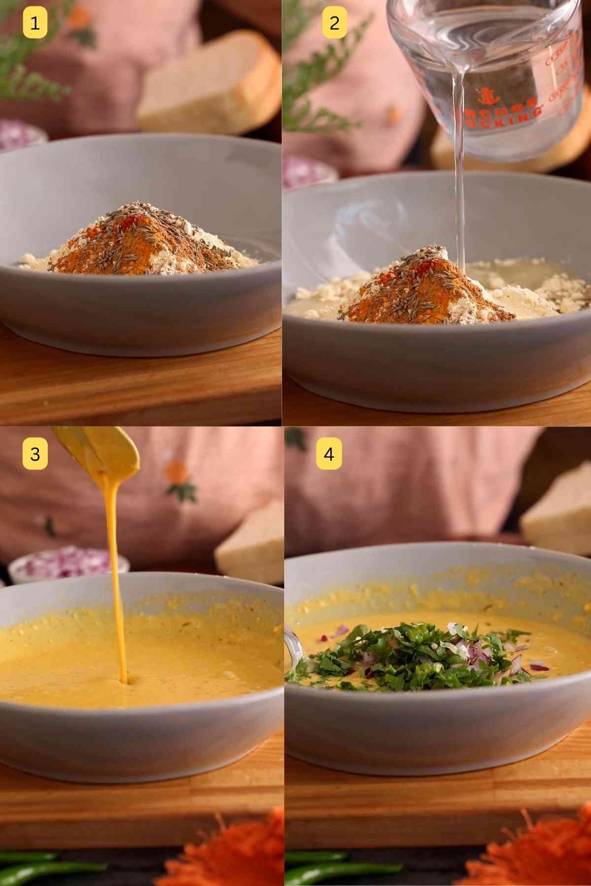 Making besan batter to make toast.