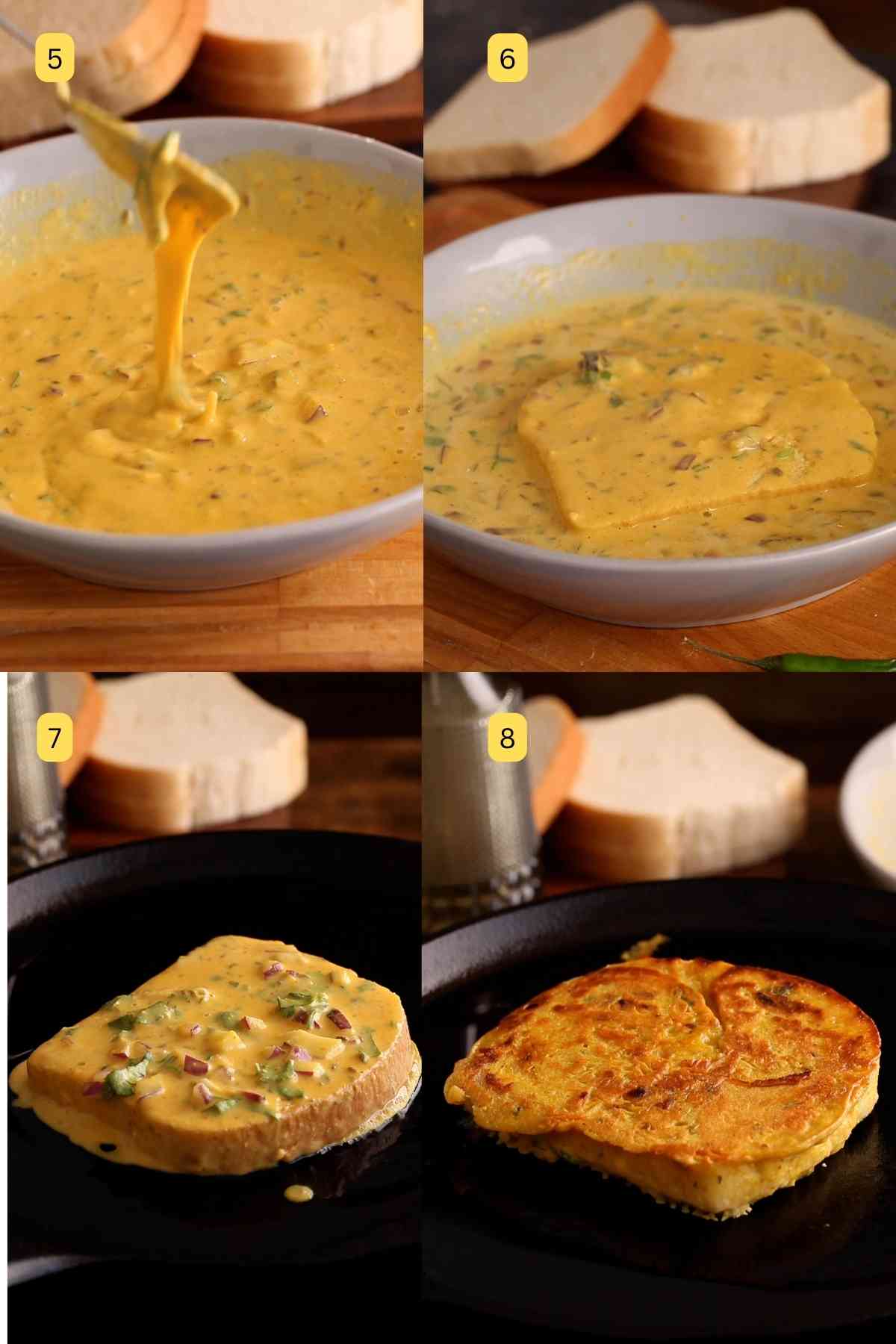 Pan frying besan bread toast.