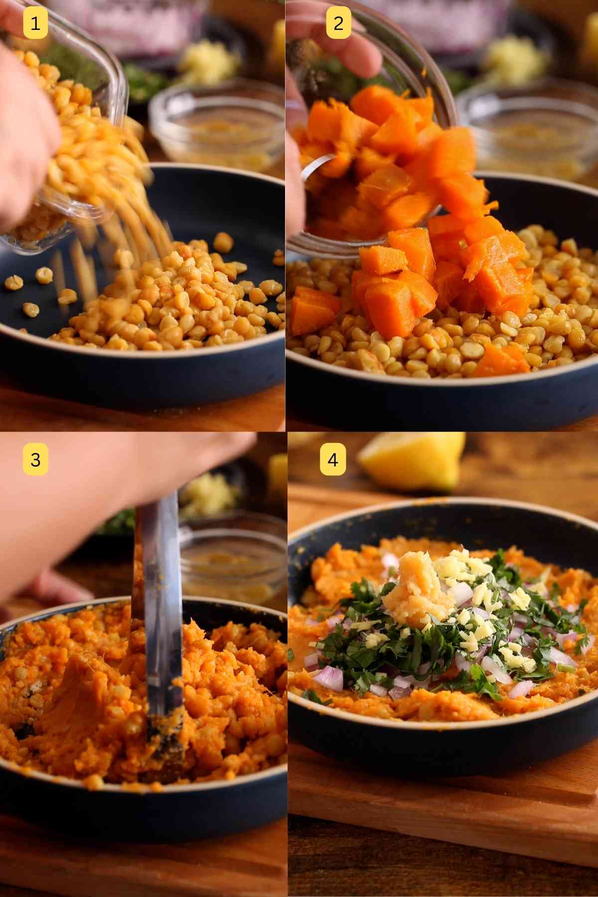 Making patty mix for chana lentil patties.