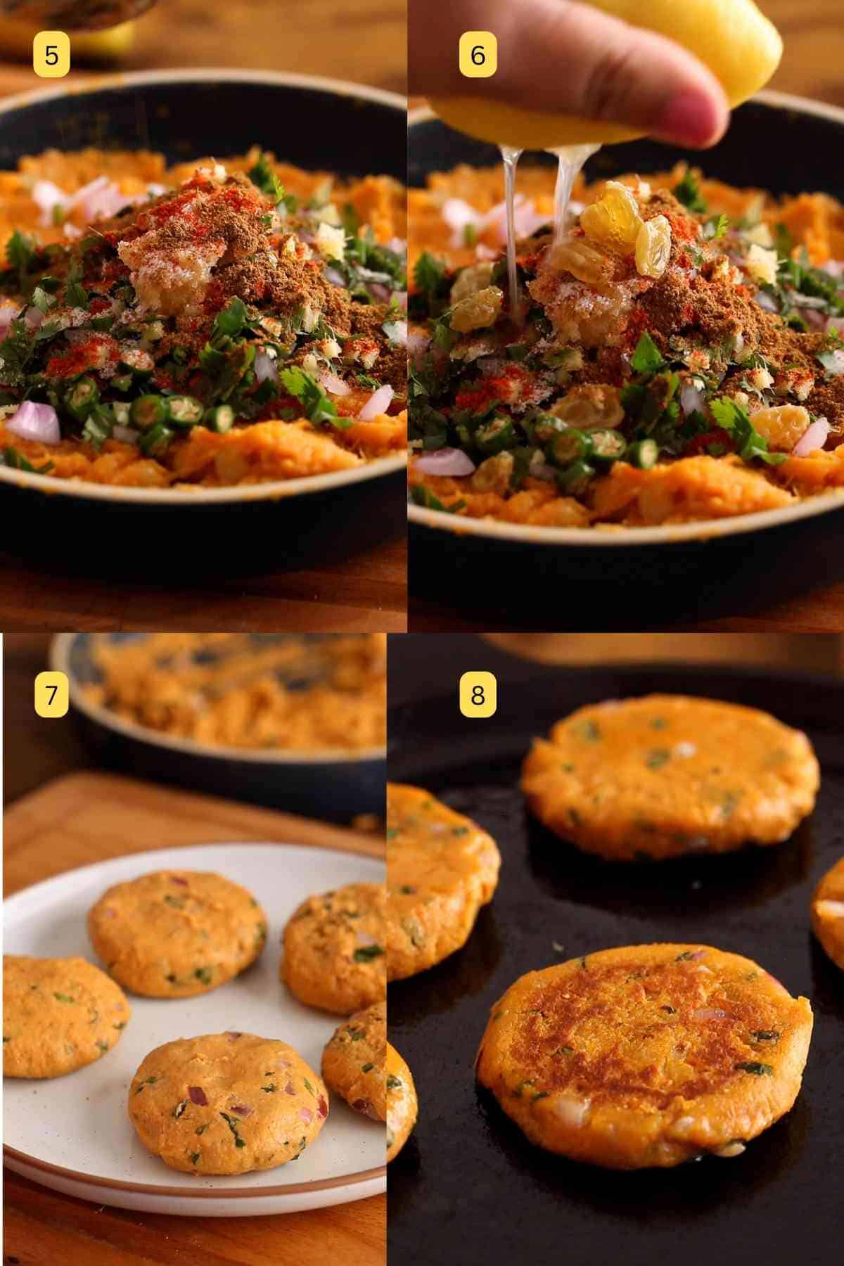 Shaping and Pan frying lentil patties.