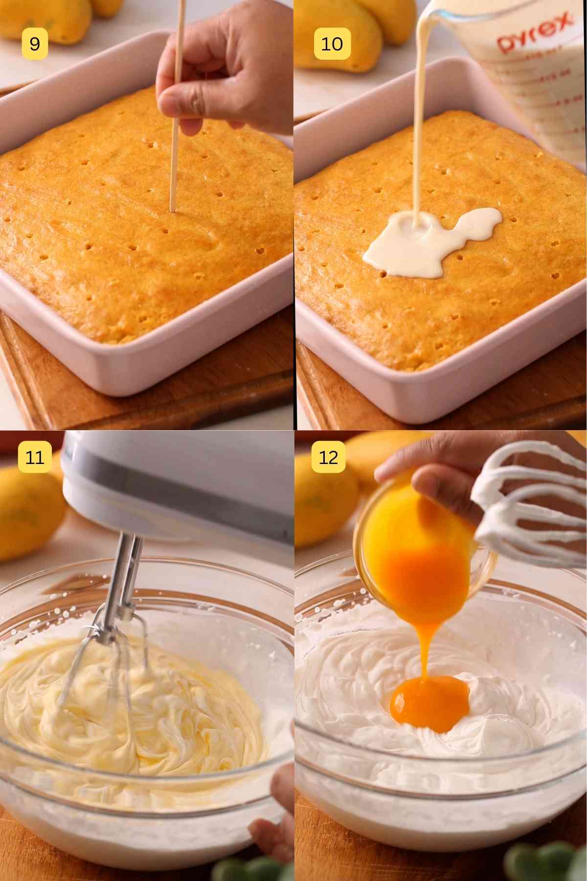 Pictures showing how to poke and soak fresh leches cake in the milk mixture. 