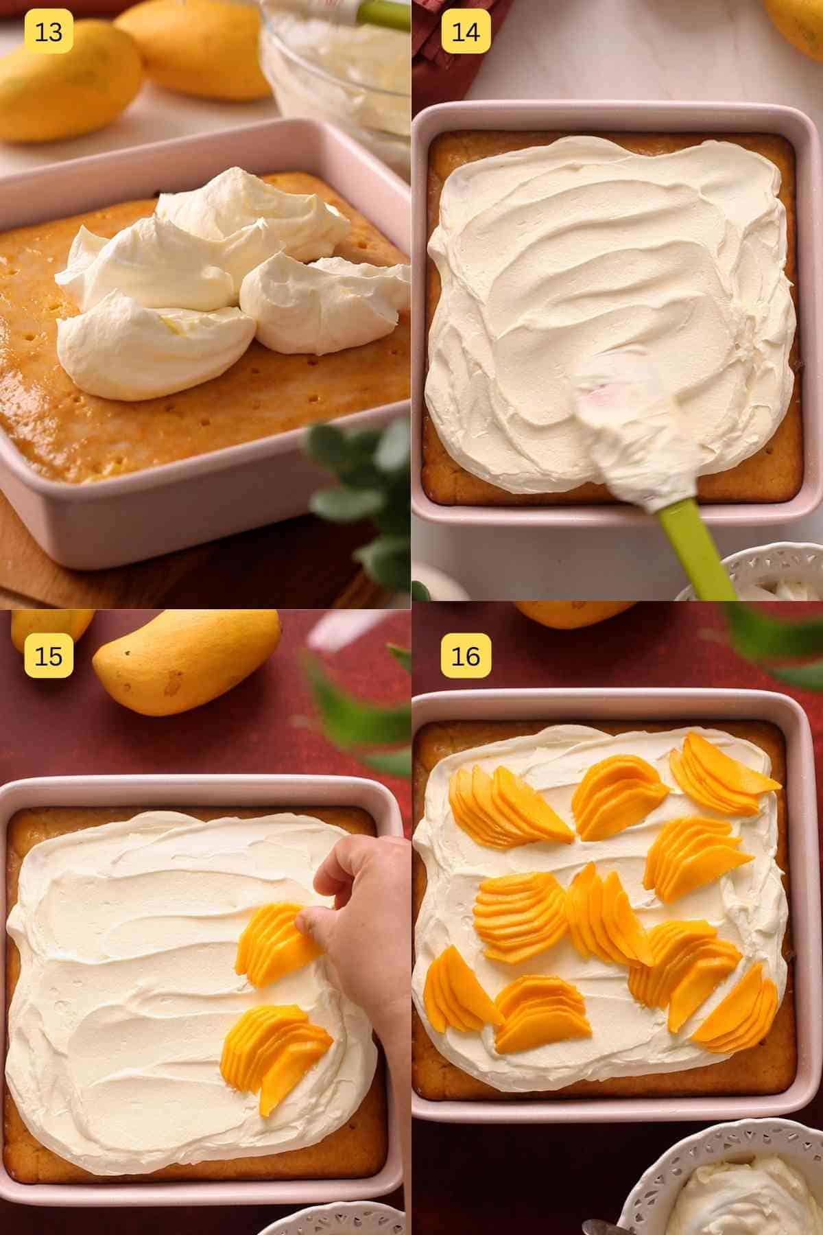 Step photos of showing how to frost mango tres leches cake with whipped cream and top with mangoes. 