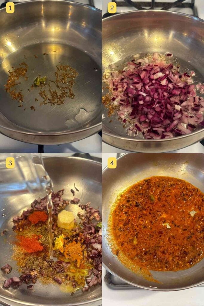 Making a spiced onion tomato masala base for aloo paneer curry.