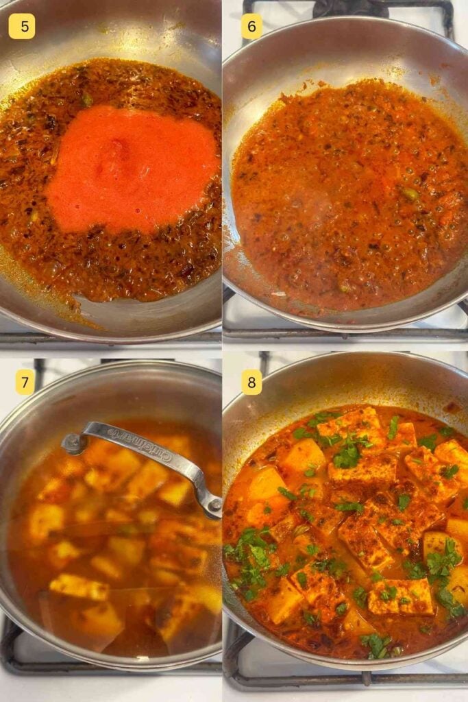 Cooking aloo paneer curry in a steel indian wok.