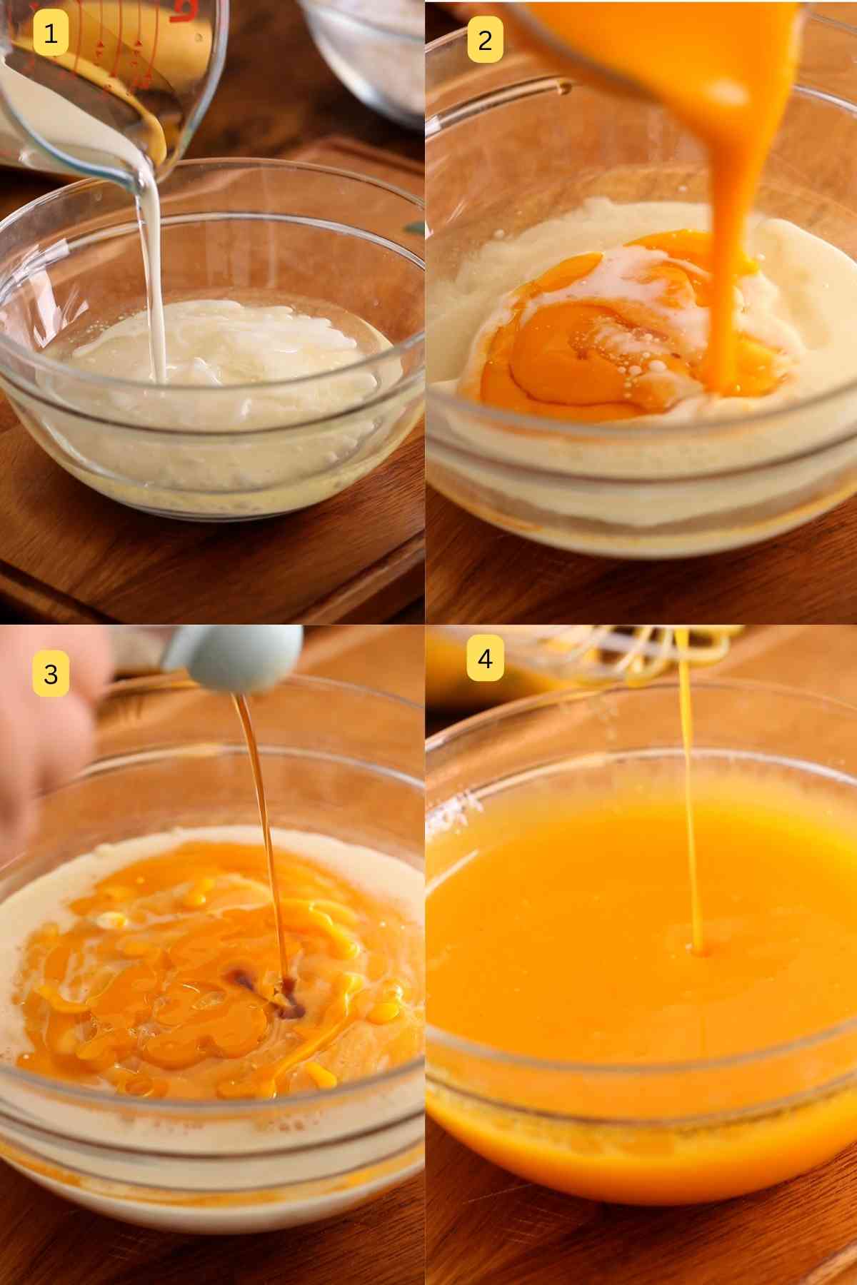 Mixing the wet ingredients for making mango cake.
