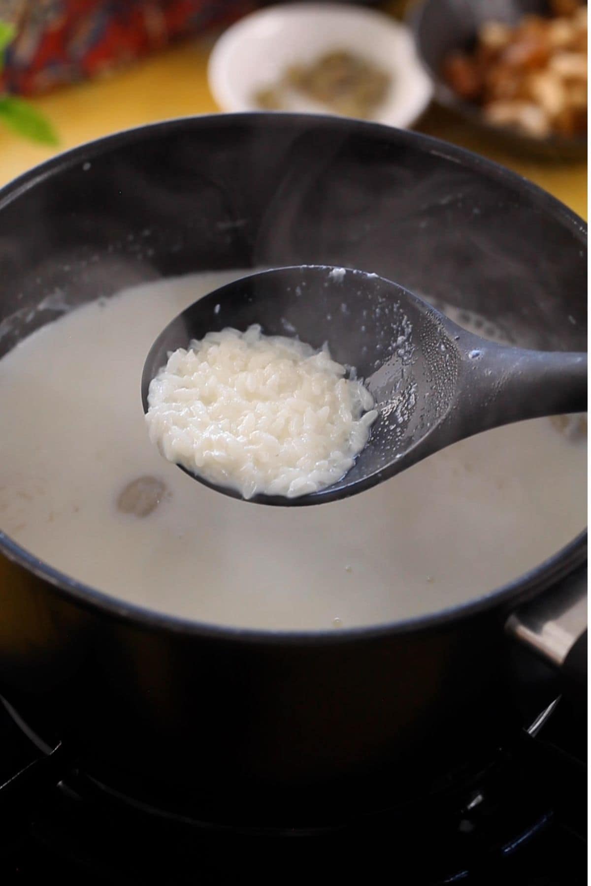 Rice slow cooked until soft in milk.